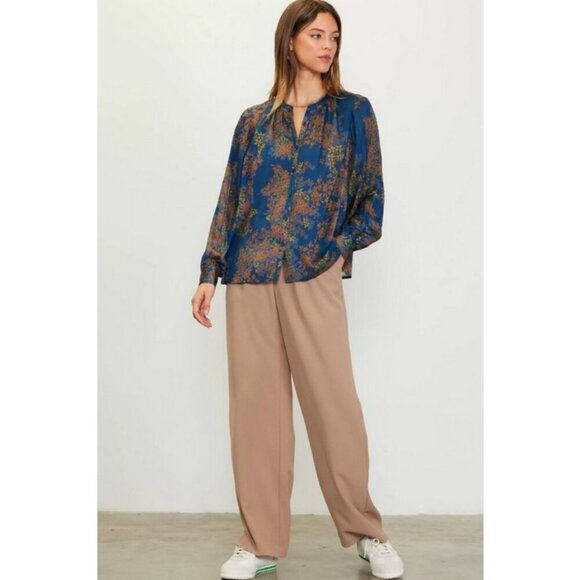 💕SKIES ARE BLUE💕Long-Sleeve Button-Down Blouse ~ Teal Mustard Print  NWT - Picture 2 of 14